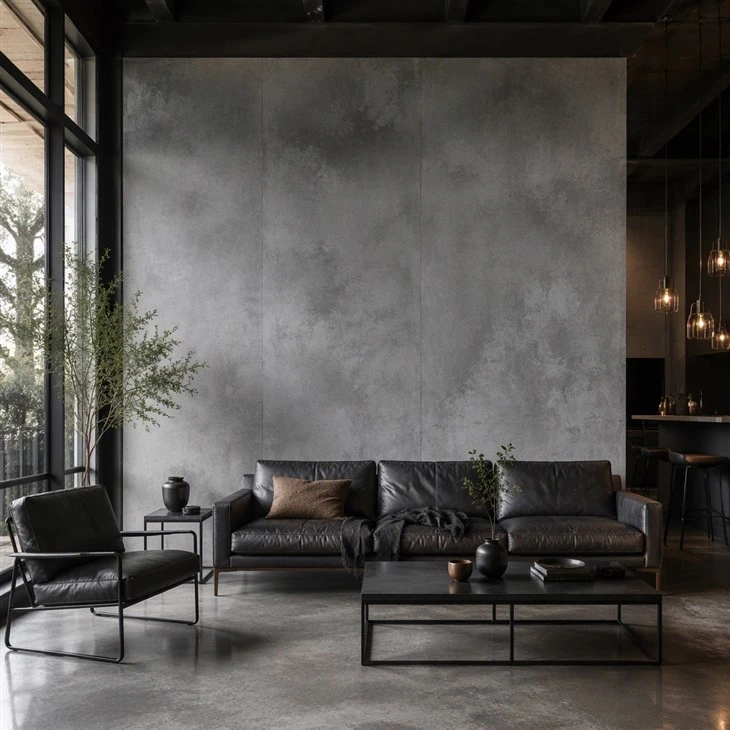 Concrete effect PVC interior wall panel in loft interior
