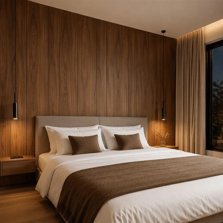 Walnut wood grain PVC interior wall panel in bedroom interior